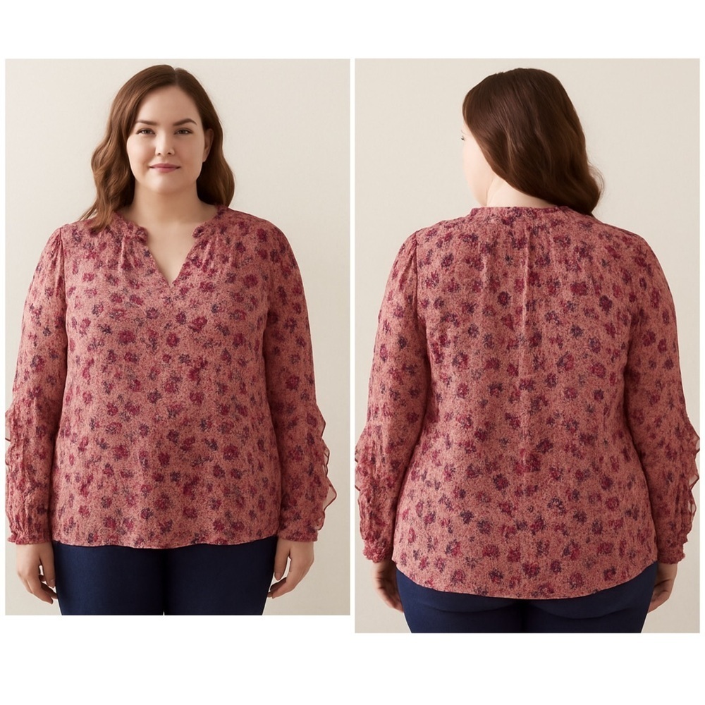 Talbots Women's XL Pink Floral Print Long Sleeve Ruffle Blouse Top